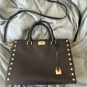 Michael Kors Black Sylvie Gold Studded Large Satchel Handbag
